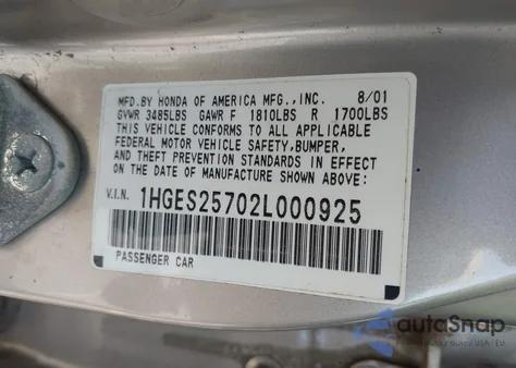 2002 Honda Civic Ex z USA, uszkodzony, nr VIN 1HGES25702L000925